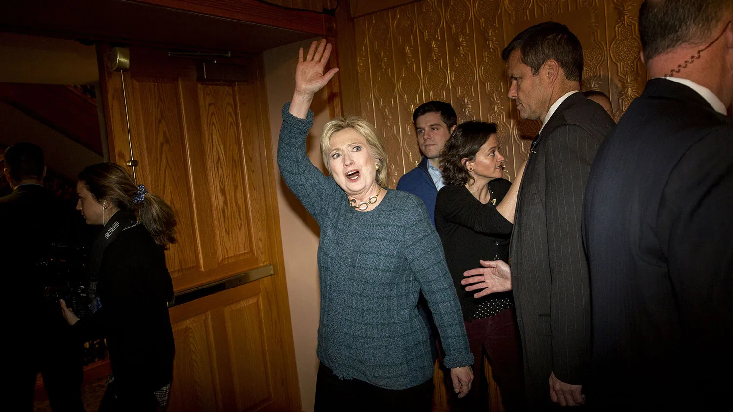 Hillary Clinton waves while leaving a campaign event in Decorah, Iowa, on Jan. 26, 2016.
