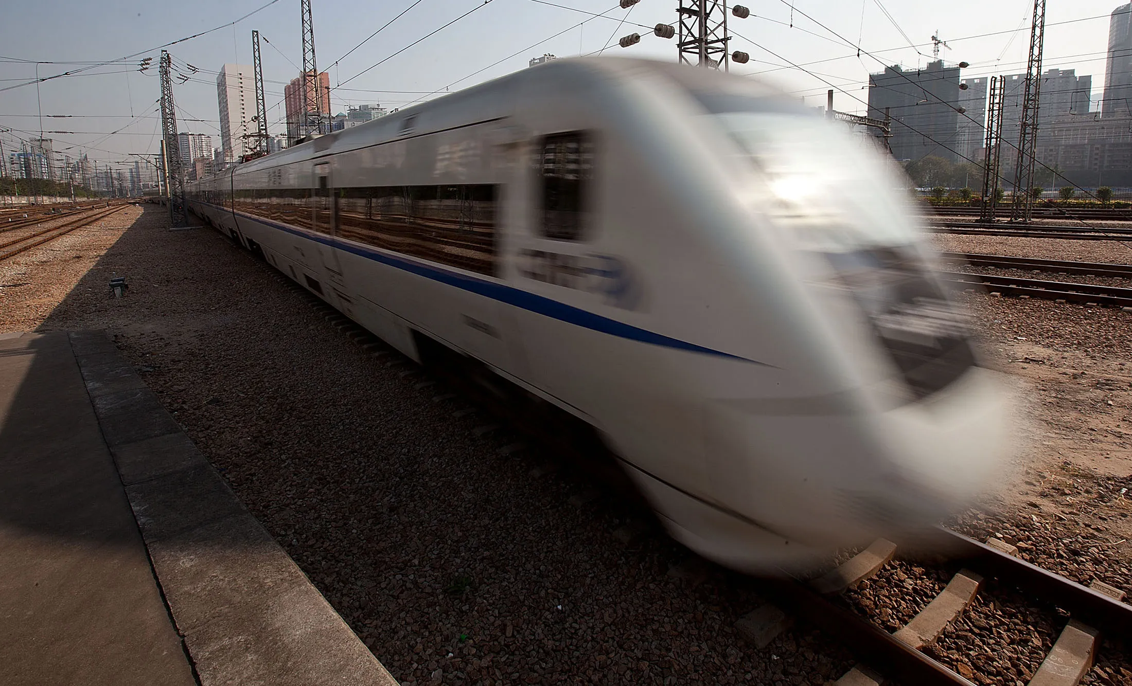 A China Railway high-speed train departs from the East Railway Station in Guangzhou, China.
