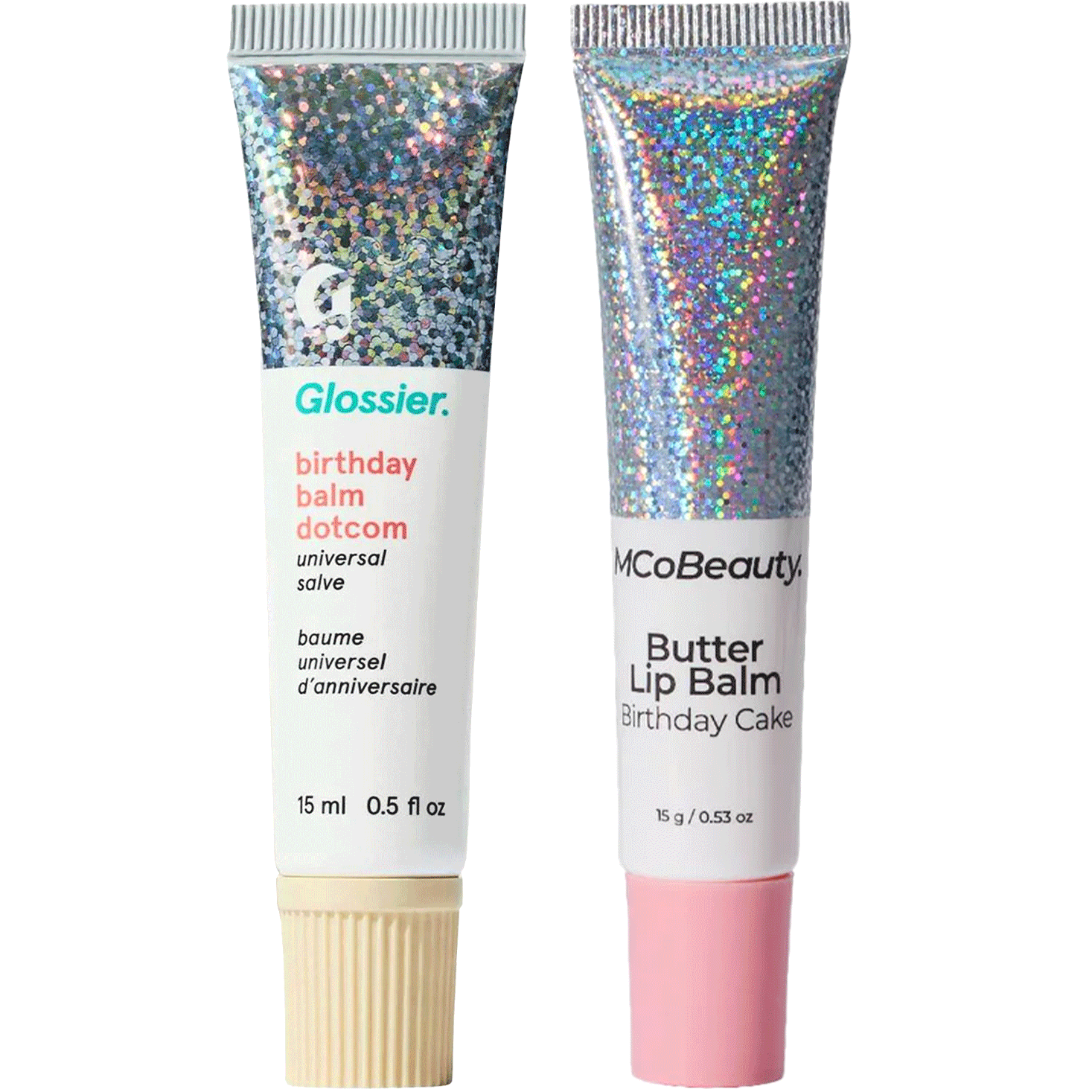 Glossier's Birthday Balm Dotcom next to MCo's Birthday Cake Butter Lip Balm