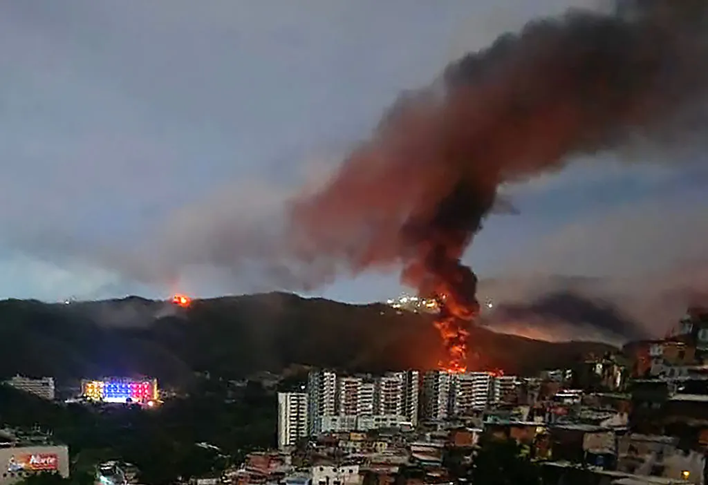 Fire at Fuerte Tiuna, Venezuela’s largest military complex, after a series of explosions in Caracas on Jan. 3.