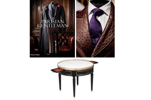 Pictured: Paris-based Smalto’s exotic-skin sports jacket (top); a vintage Louis XVI table with red leather tops inset into its pullout shelves (bottom).