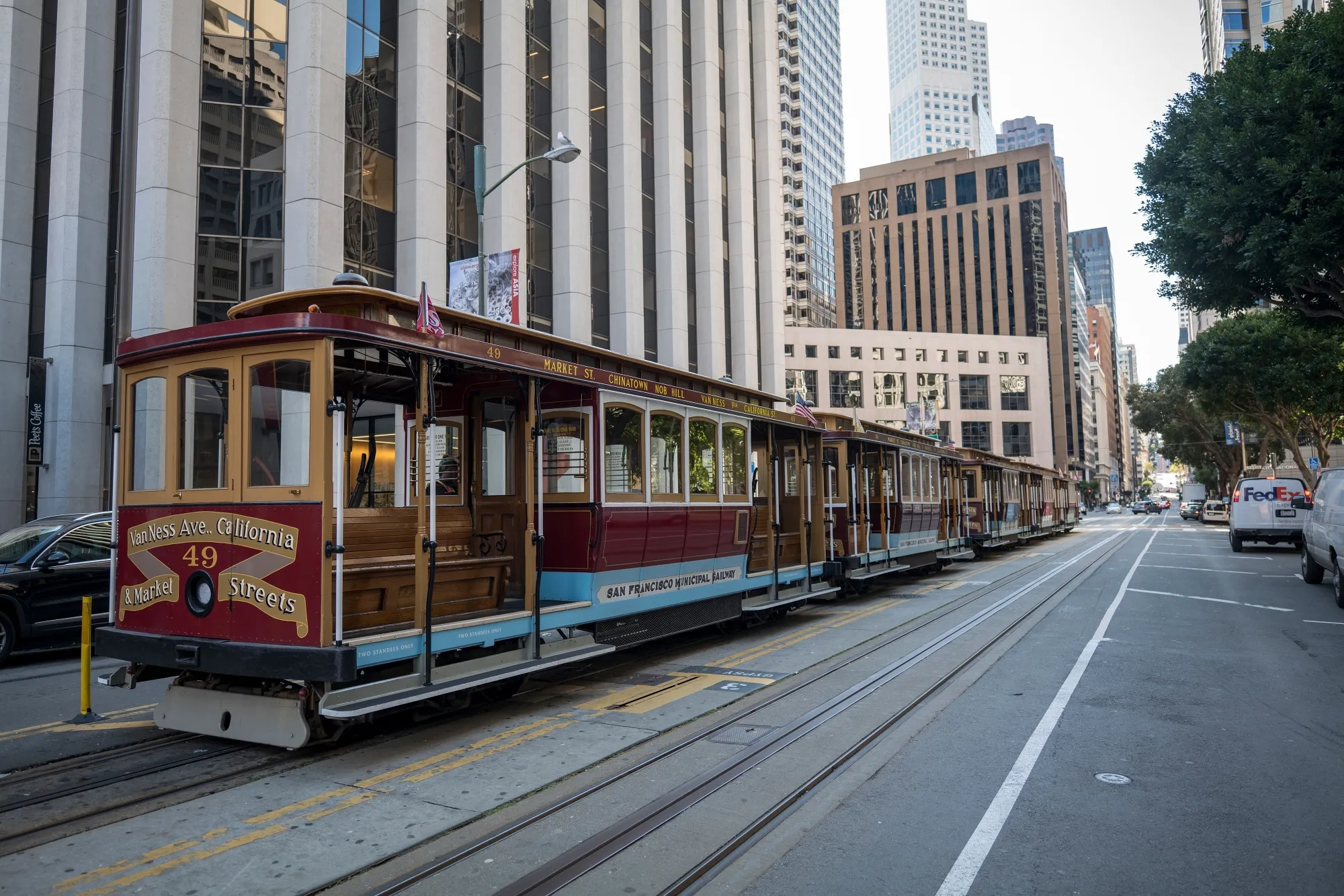 Empty cable cars stand on California Street in San Francisco on&nbsp;March. 16.&nbsp;