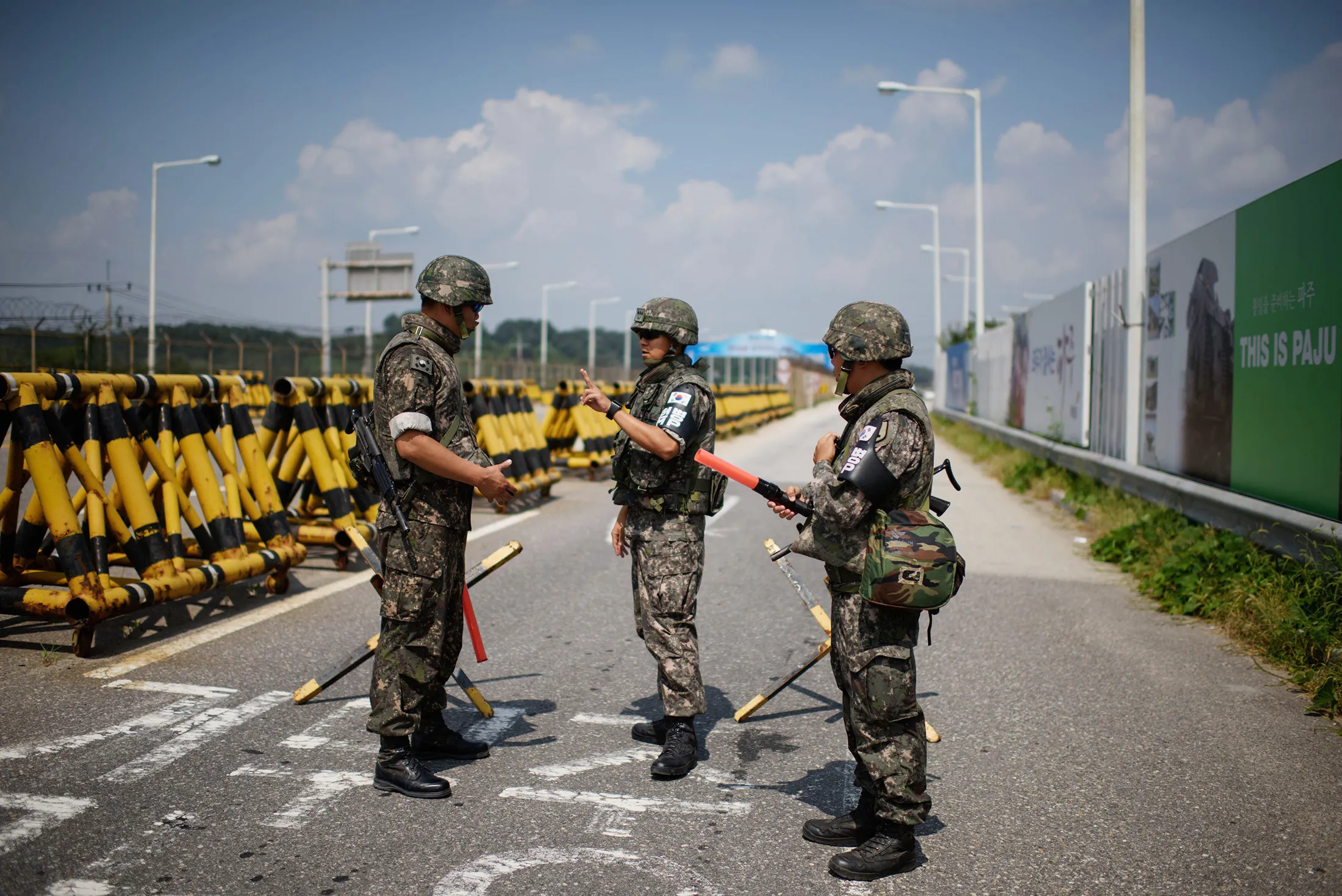 South Korean soldiers stand at the Unification Bridge leading to North Korea near the border village of Yeoncheon in the Demilitarized Zone (DMZ) on Sunday
