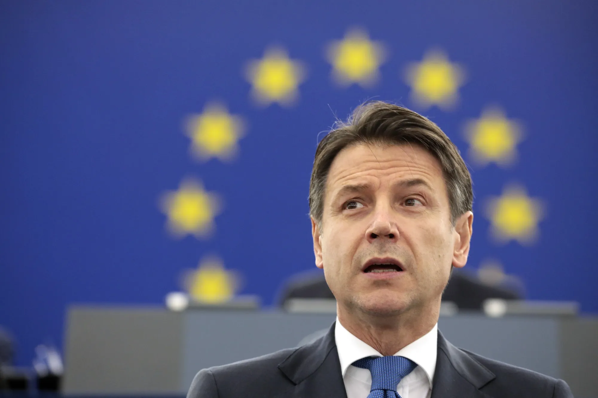 Giuseppe Conte, Italy's prime minister, speaks during a "Future of Europe" plenary session debate at the European Parliament in Strasbourg, France.