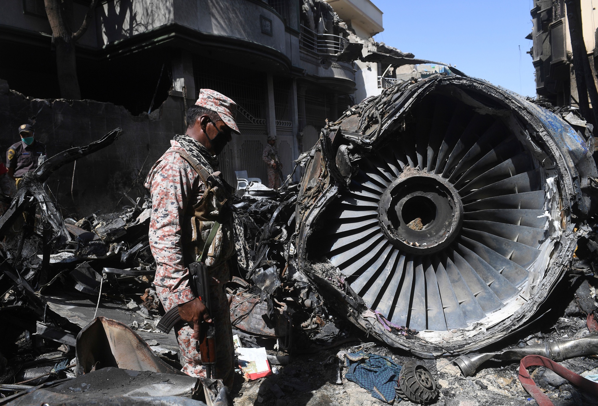 The crash site of the Pakistan International Airlines aircraft that went down in Karachi on May 24.