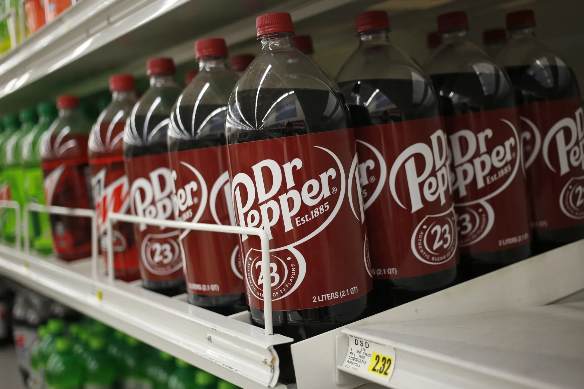 Bottles of Keurig Dr Pepper Inc. soft drinks in a grocery store in Louisville, Kentucky.