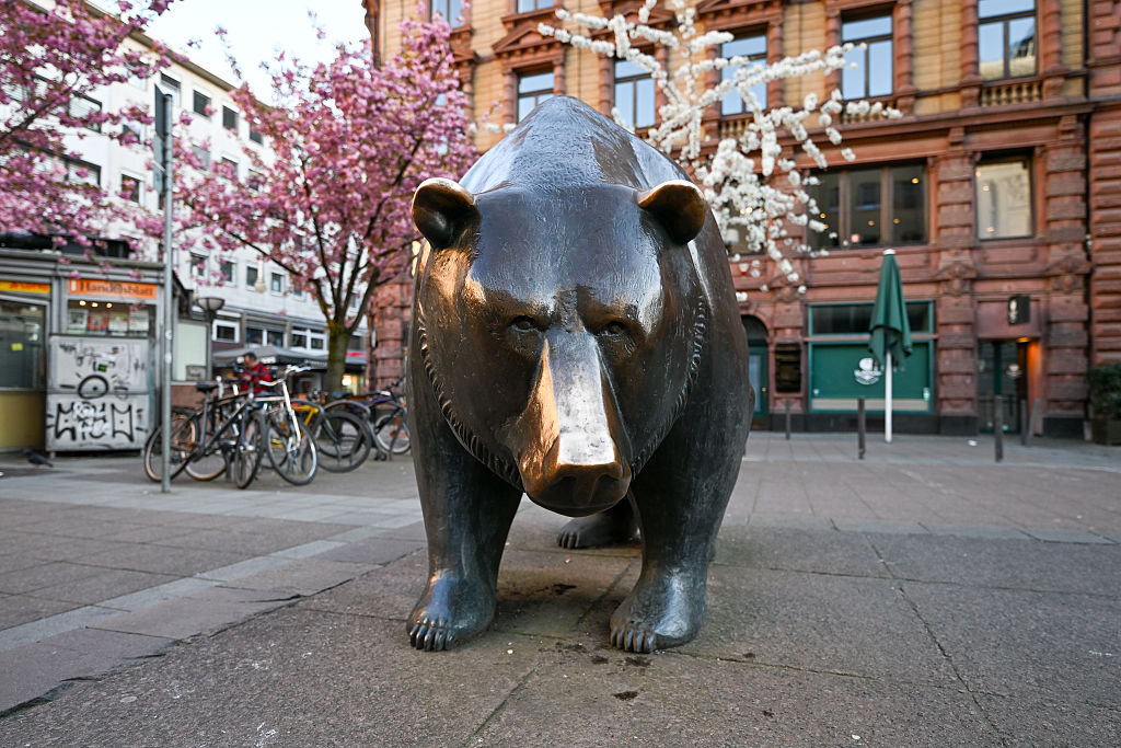 FRANKFURT AM MAIN, GERMANY - APRIL 7: A bear statue stands outside the Frankfurt Stock Exchange on April 7, 2025 in Frankfurt, Germany. The DAX plunged 10% as trading began this morning as world financial markets react to the recent global tariffs announcements of U.S. President Donald Trump. (Photo by Florian Wiegand/Getty Images)