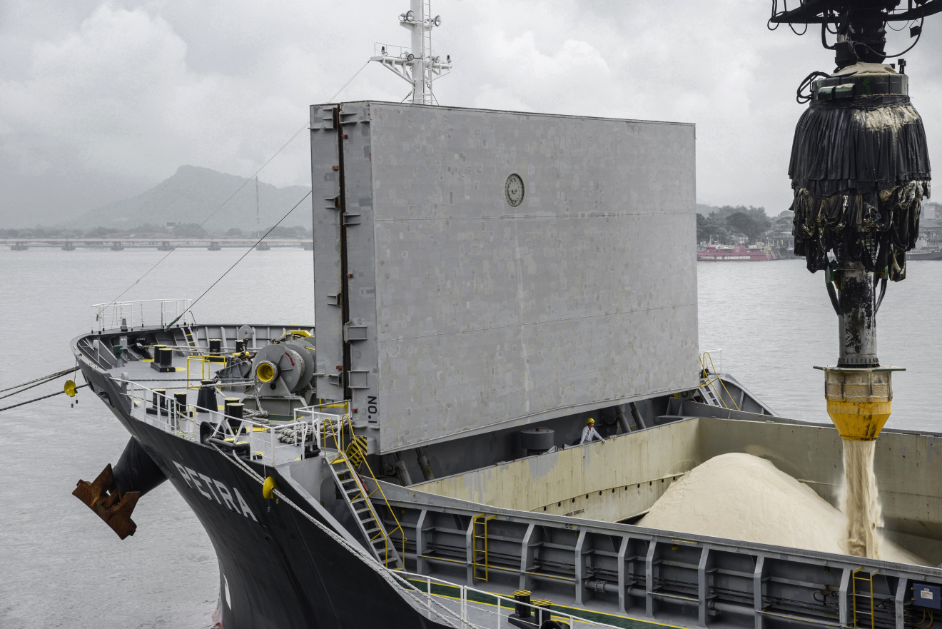 Sugar is loaded onto a ship for export at the Port of Santos in Santos, Brazil.