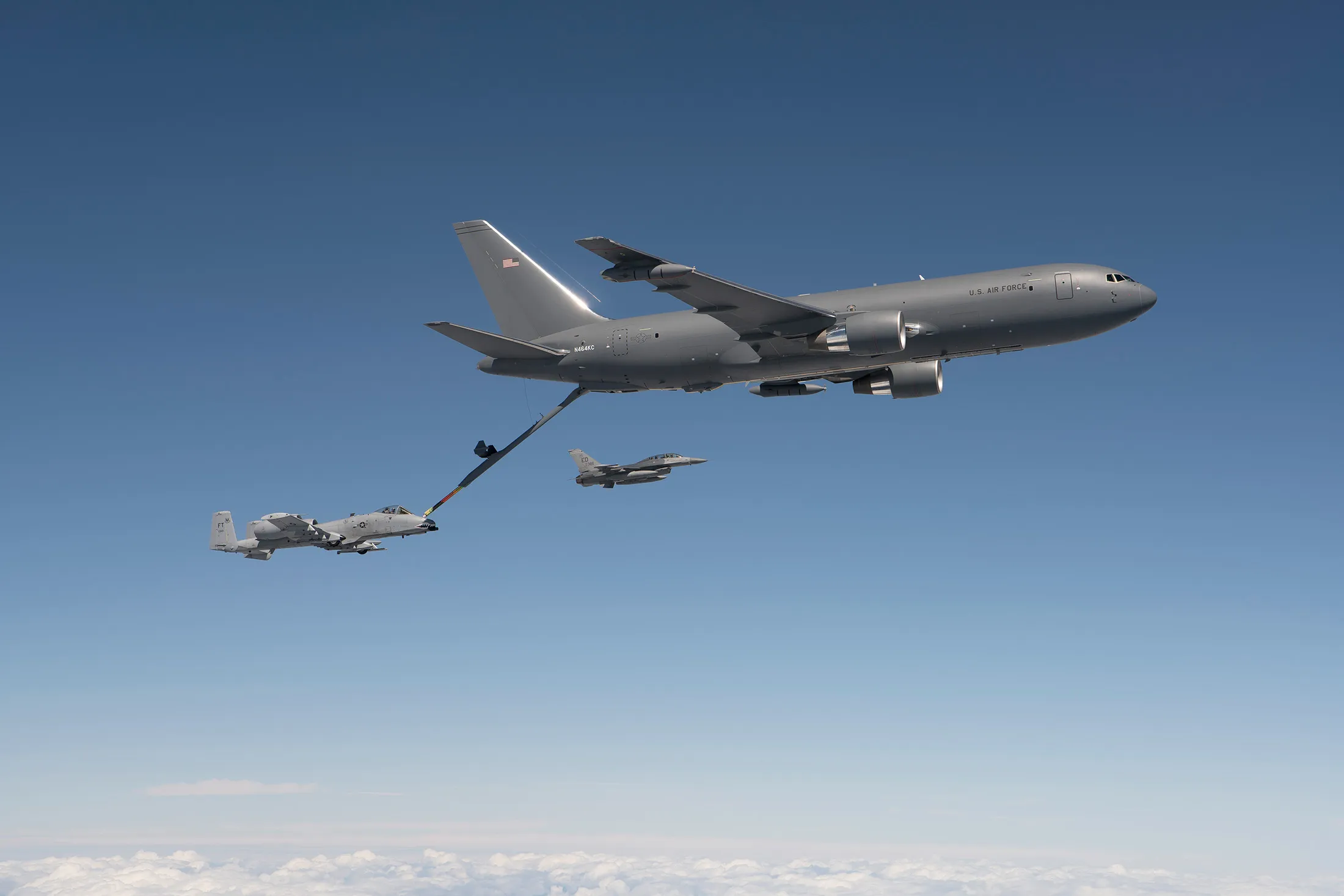 A KC-46 performing a mid-air refuel