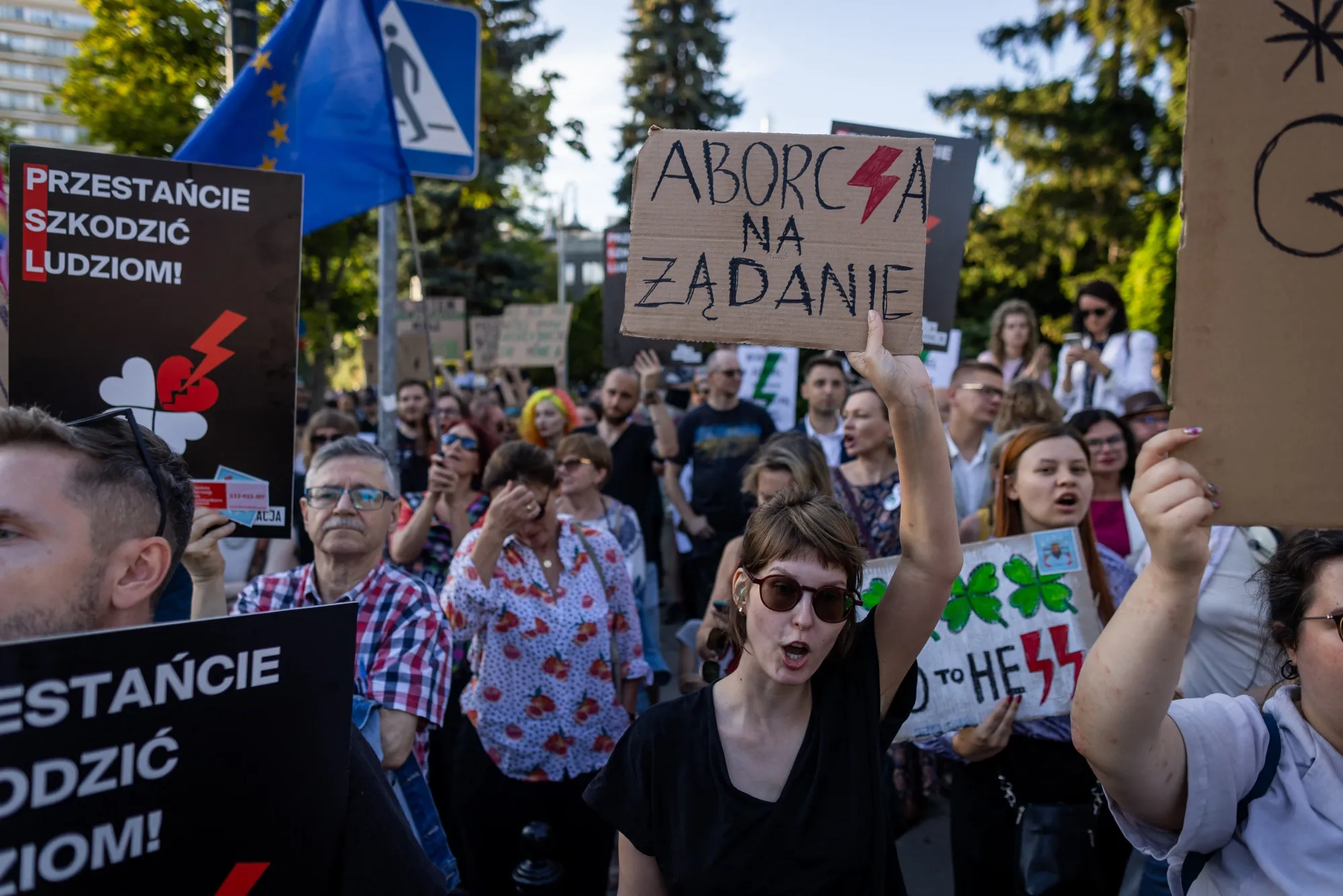 A woman holds up a placard reading "Abortion on Demand" during a&nbsp;demonstration of women and pro choice activists in front of the Polish Parliament in Warsaw on July 23.