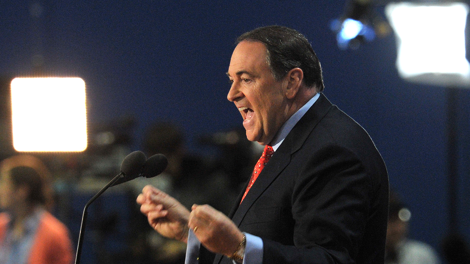 Former presidential candidate Mike Huckabee addresses the crowd at the Tampa Bay Times Forum in Tampa, Florida, on August 29, 2012 during the Republican National Convention (RNC).
