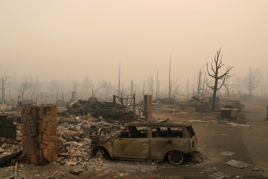 A residential neighborhood destroyed by the Tubbs Fire is seen along Fountaingrove Parkway in Santa Rosa, California.