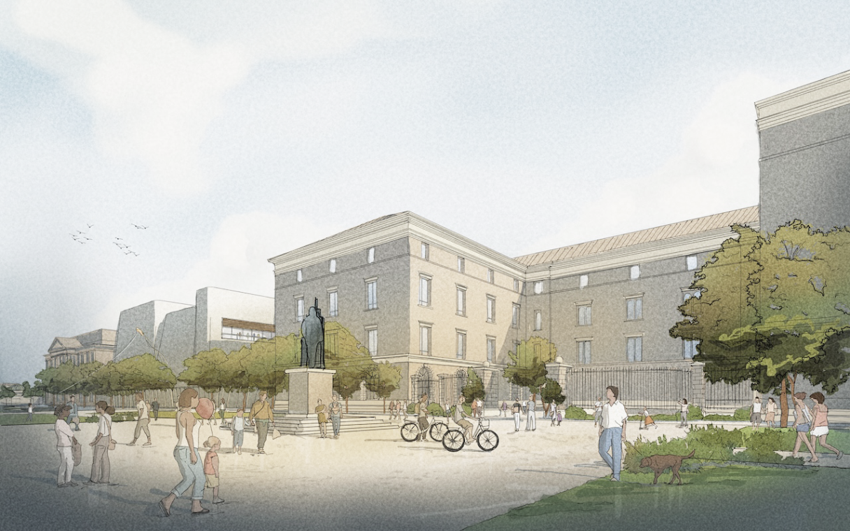 Watercolor style drawing of Catholic's plan, depicting multiple buildings that look like museums and a statue.