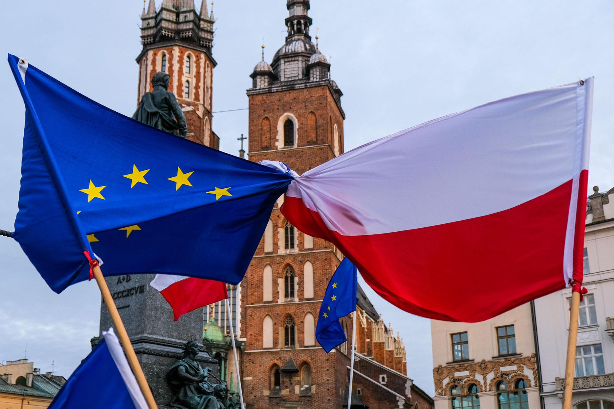 European Union and Polish flags seen during the