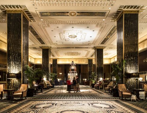 The main lobby of the Waldorf Astoria, with its Victorian clock.