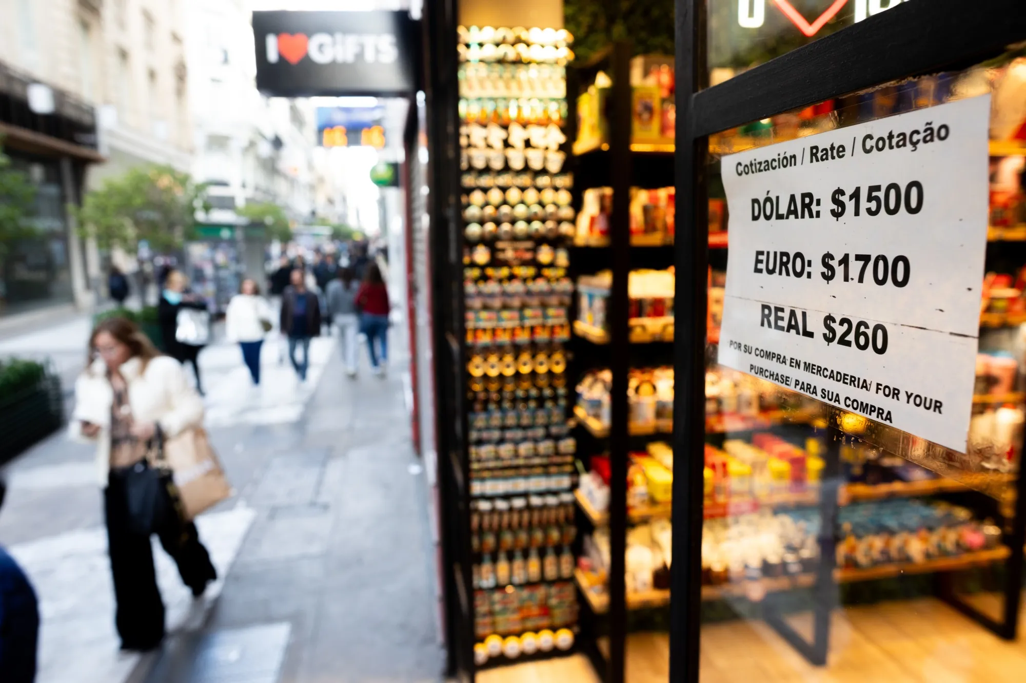 Currency prices displayed in a storefront in the financial district of Buenos Aires this month.&nbsp;