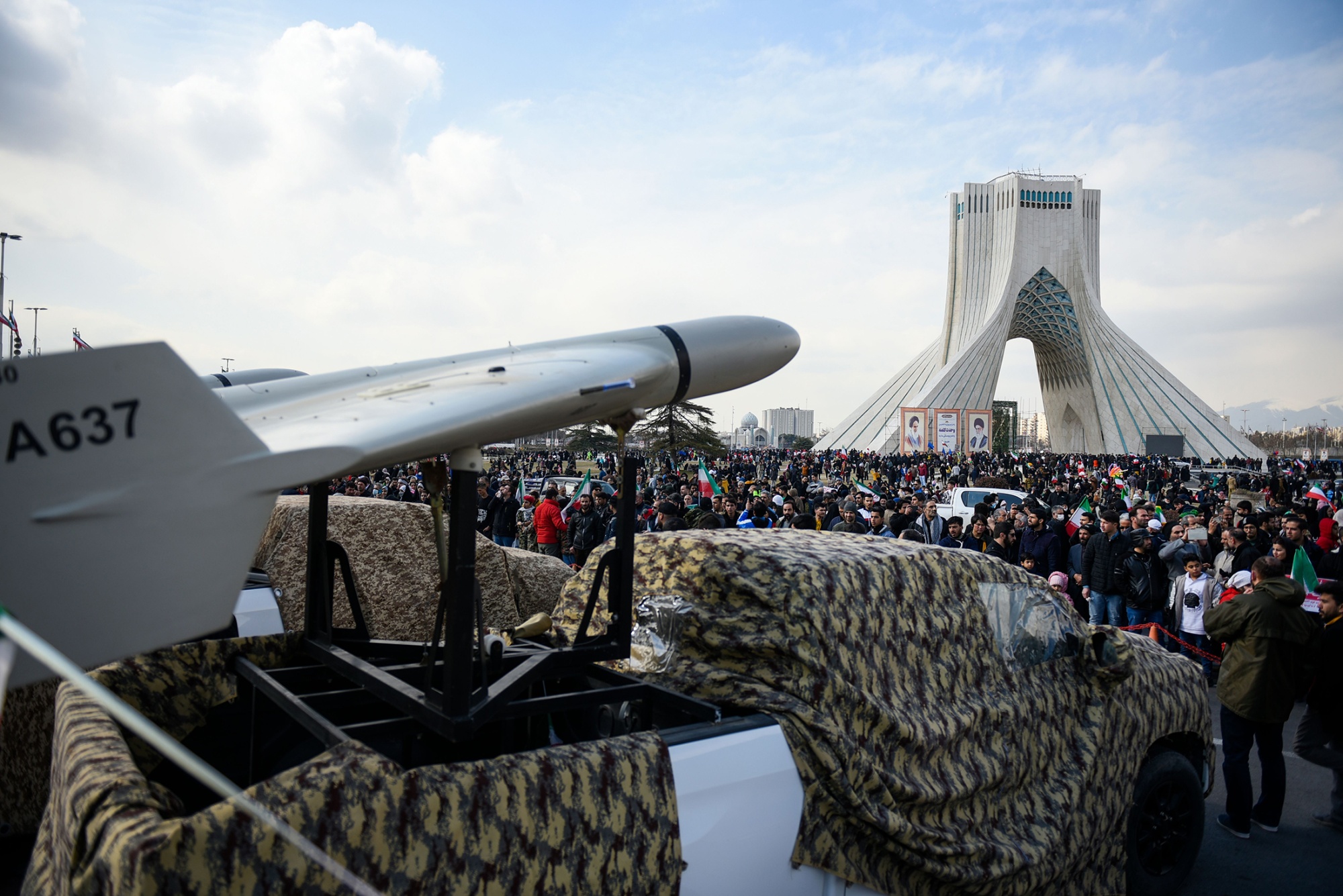 A Shahed-136 on display during the&nbsp;44th anniversary of the Iranian&nbsp;revolution&nbsp;in Tehran, on&nbsp;Feb. 11, 2023.