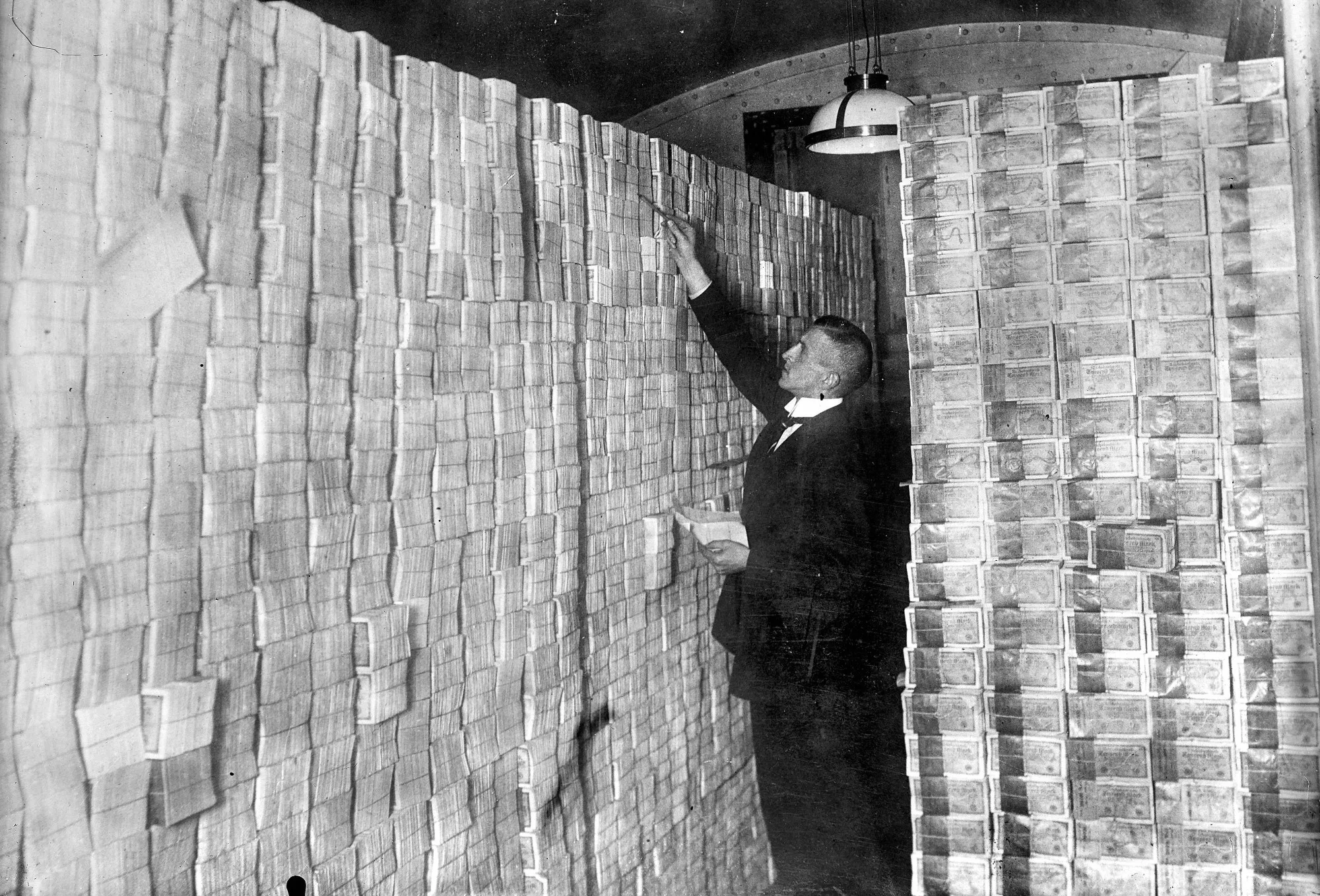 A Weimar Republic bank vault full of Deutsche Marks in 1923.