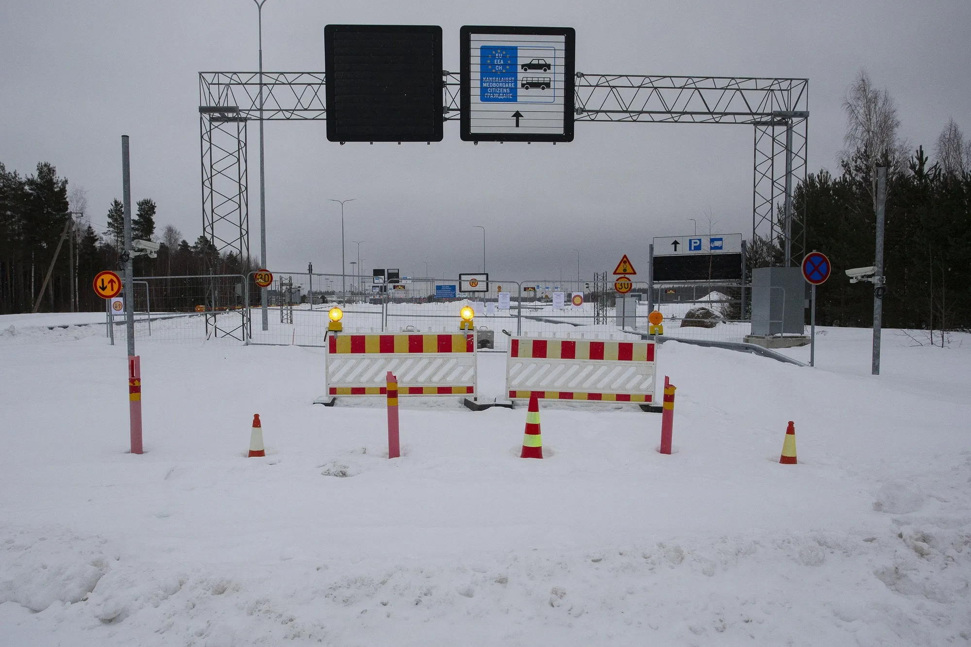 The closed Vaalimaa border check point between Finland and Russia in Virolahti, Finland, on Jan. 14.