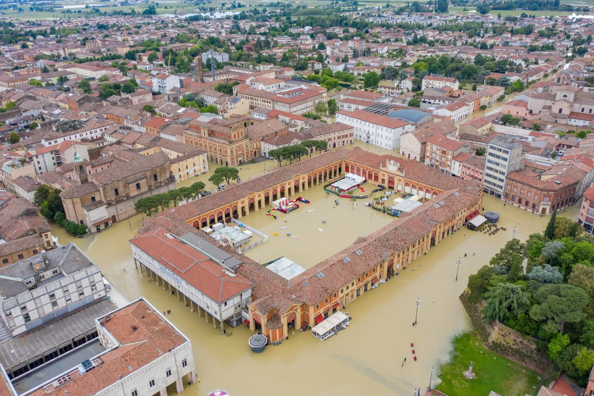 The Pavaglione&nbsp;surrounded by floodwater in Lugo, northern Italy.&nbsp;