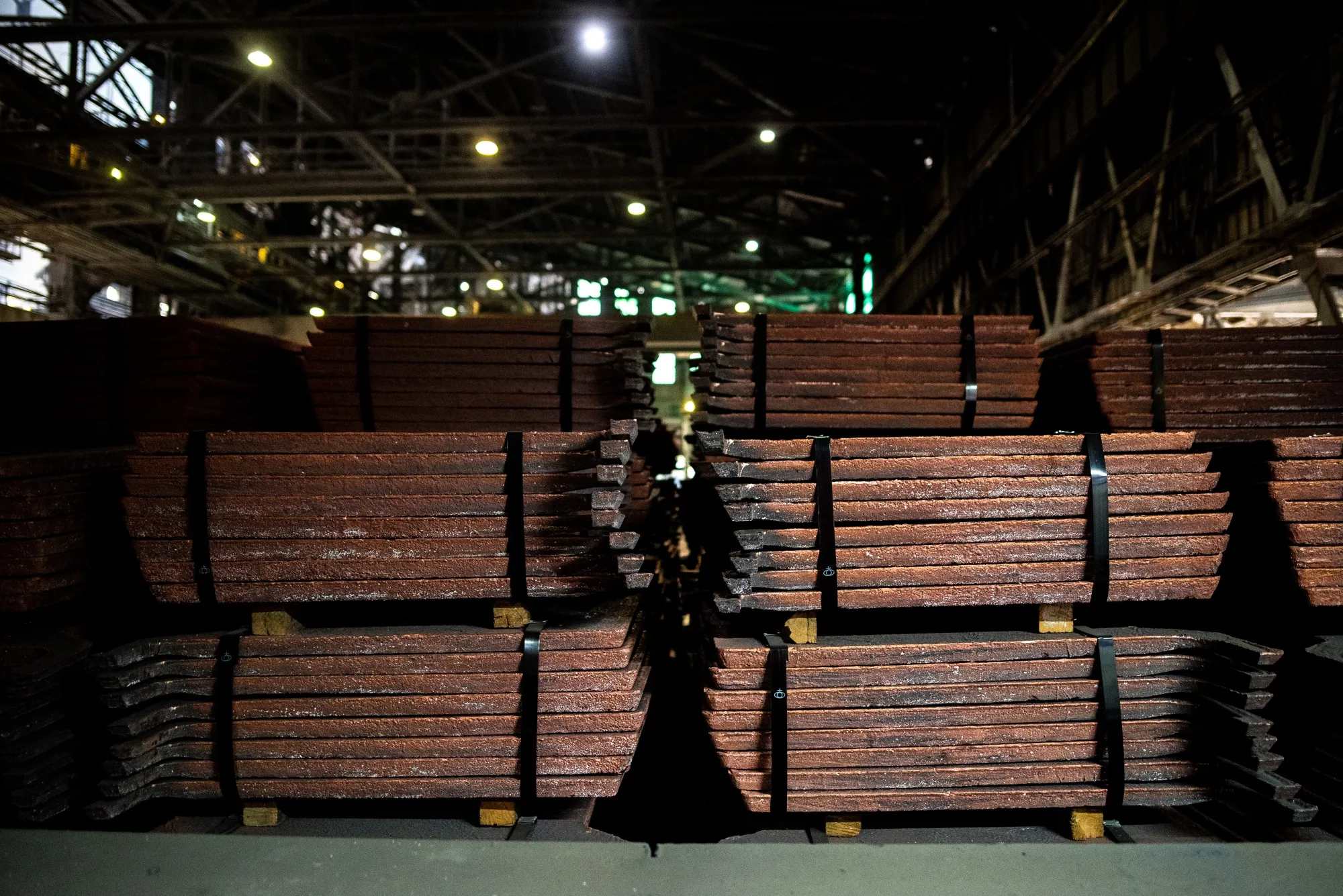 Copper anode plates ready for shipment at a Codelco processing facility in Machali, Chile.