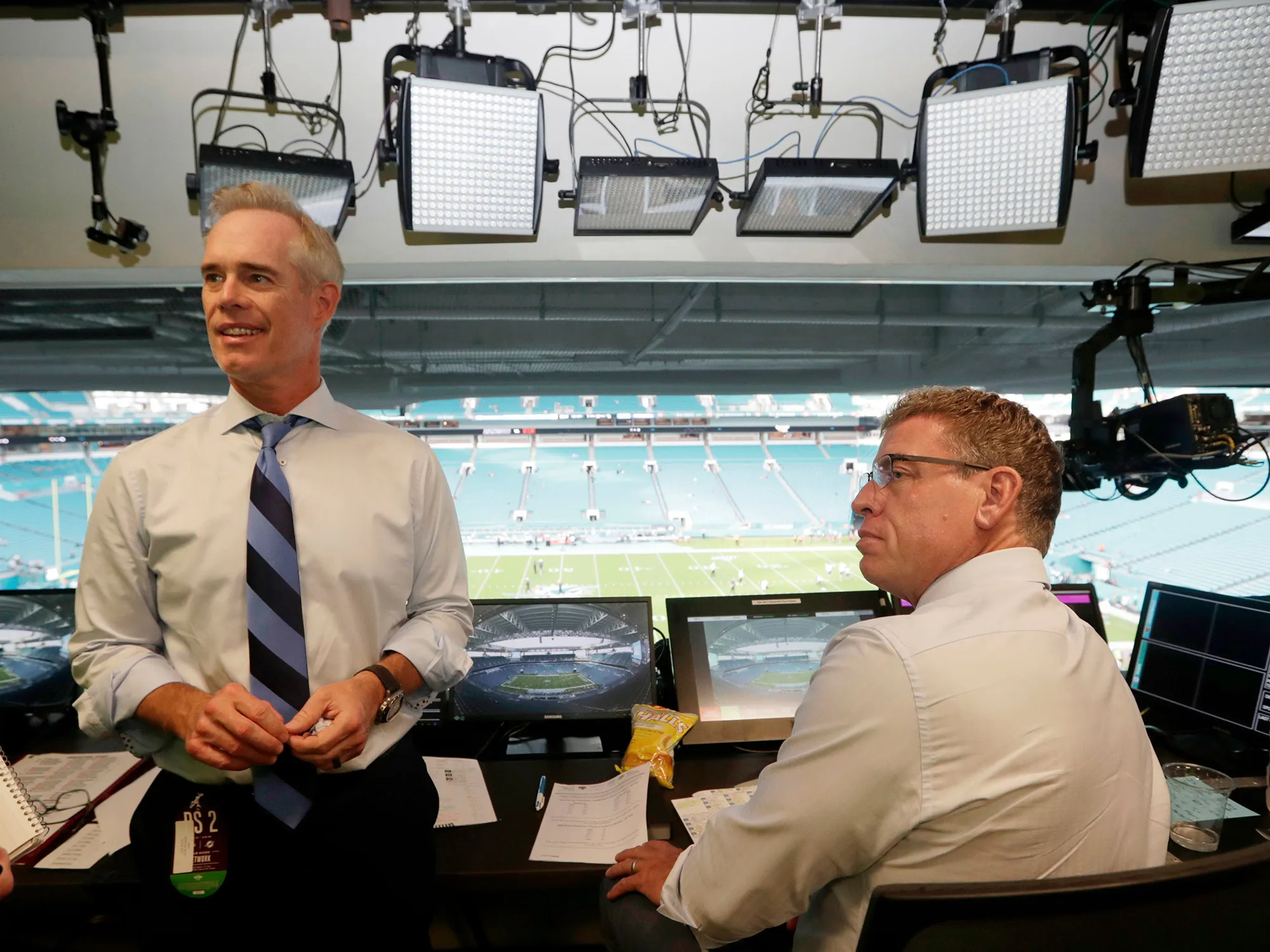 Joe Buck and&nbsp;Troy Aikman in the broadcast booth before a preseason NFL football game in 2019.&nbsp;