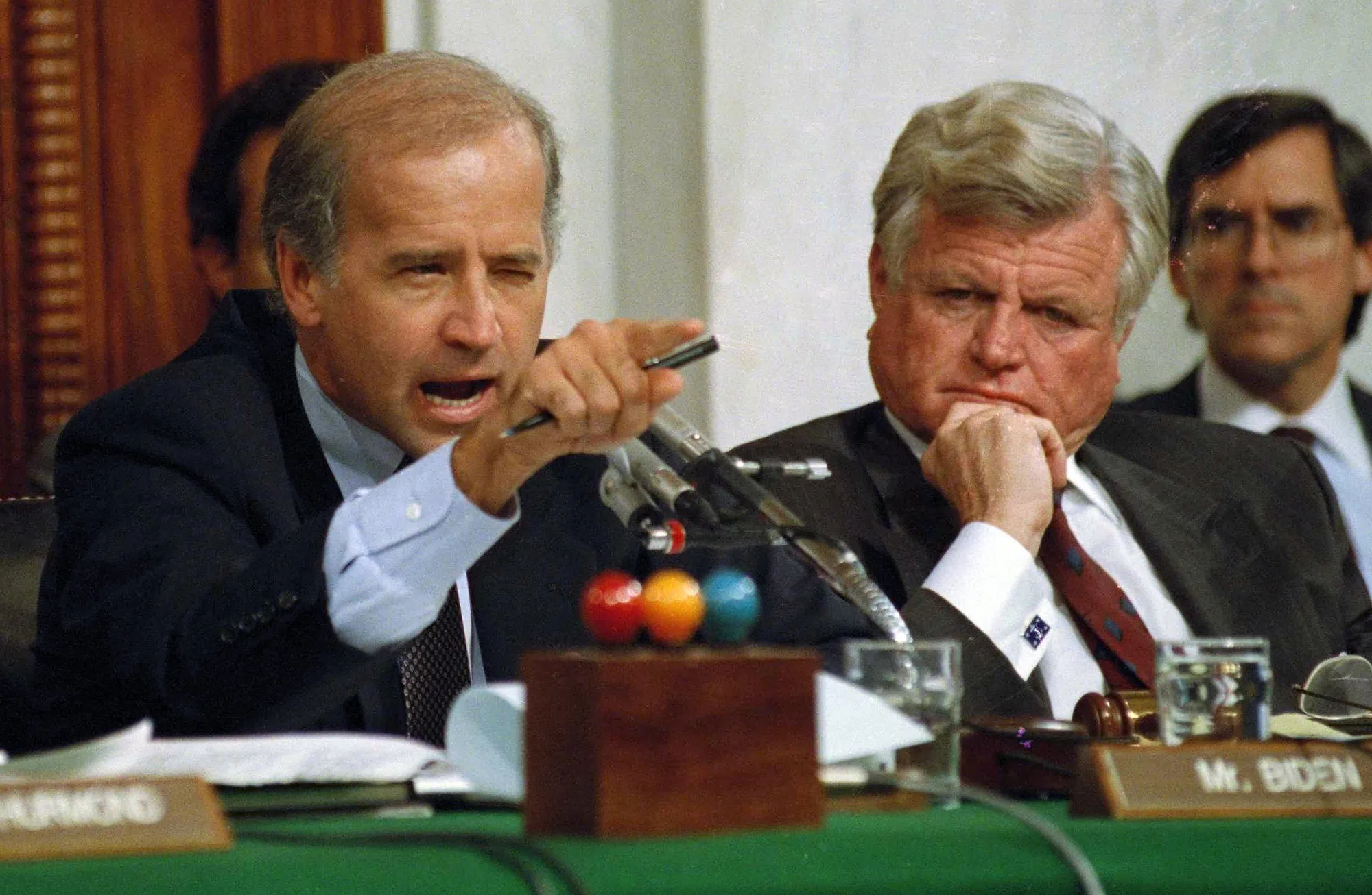 Joe Biden points at Clarence Thomas during a hearing on Thomas' nomination to the Supreme Court in Washington, D.C., on Oct. 12, 1991.