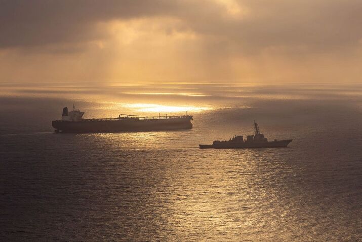 USS Rafael Peralta during US blockade operations near an Iranian-flagged ship, in April.