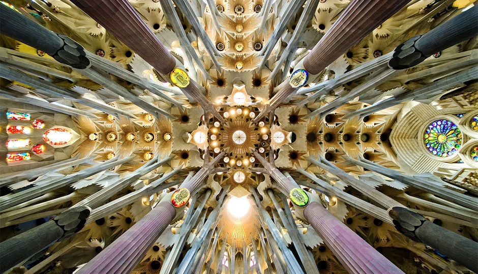 The ceiling of La Sagrada Familia. 