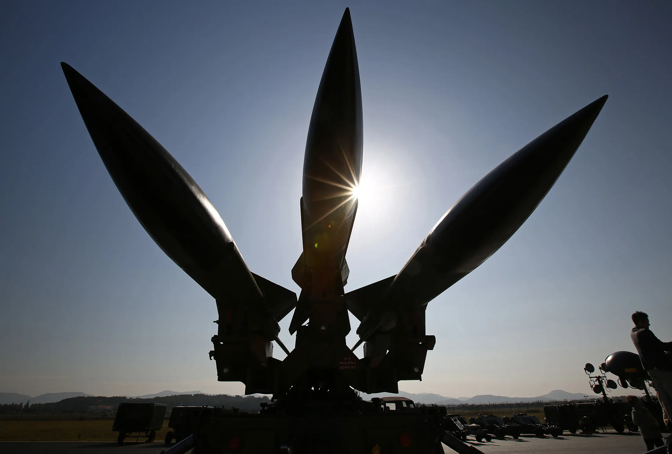 South Korean Air Force Hawk missiles sit on display during the Cheongju International Airport Air Show on the sidelines of the Seoul International Aerospace &amp; Defense Exhibition 2013 at Cheongju International Airport in Cheongju, South Korea, on Oct. 25, 2013.
