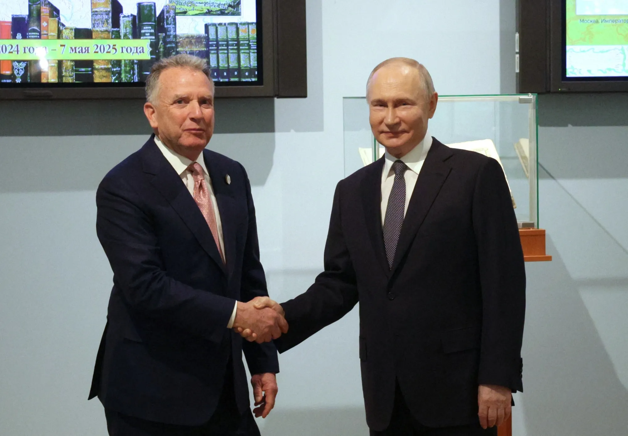This photograph distributed by the Russian state agency Sputnik shows Vladimir Putin with Steve Witkoff in Saint Petersburg on April 11.