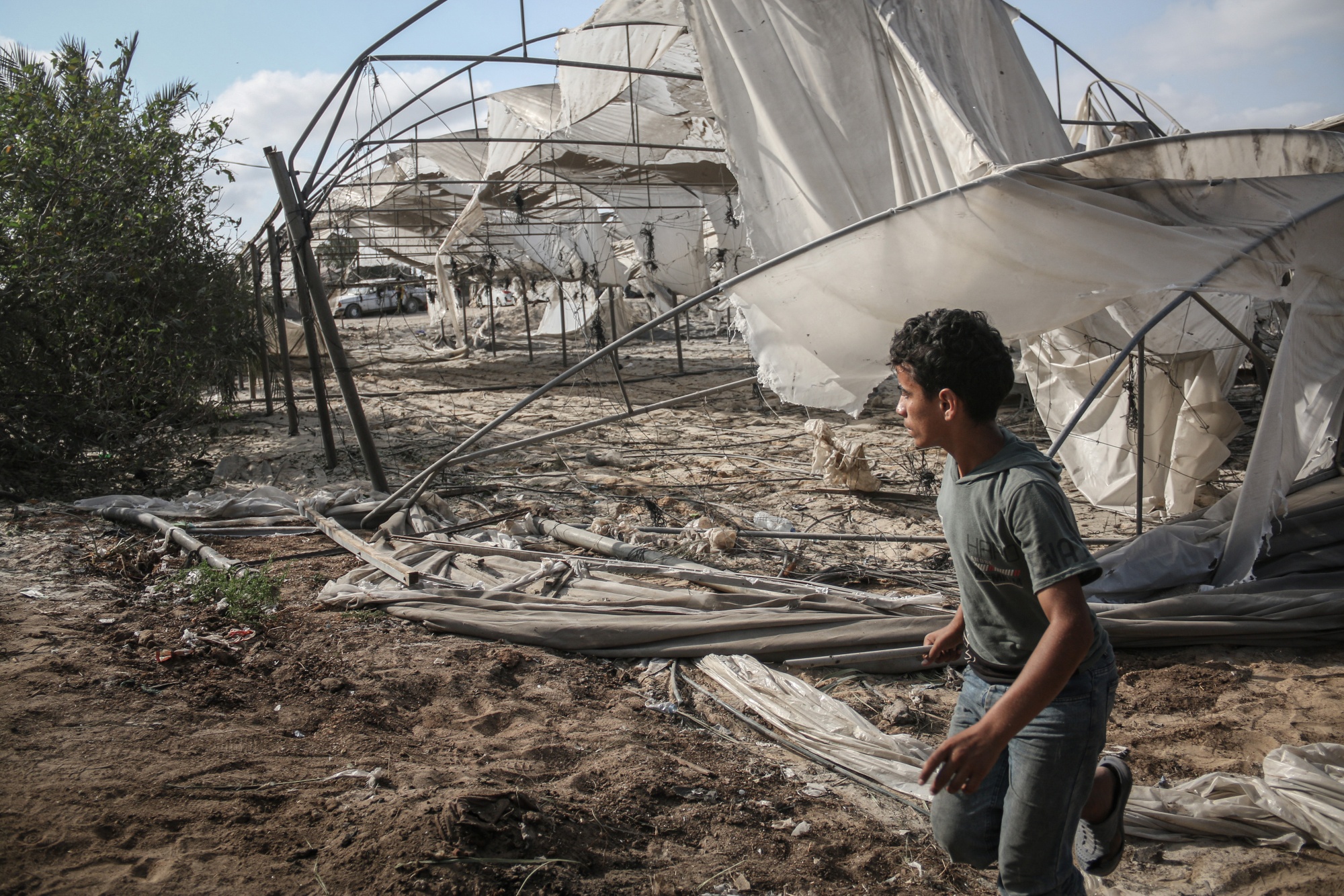 Destroyed tents following Israeli airstrikes in the humanitarian zone, known as Mawasi, in Khan Younis, southern Gaza