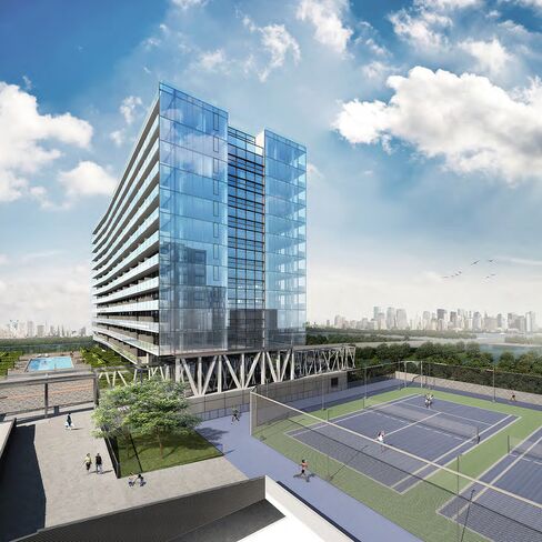Sales have started at the first building, where current listings range from a $513,888 studio to a two-bedroom for $971,888, according to StreetEasy.com. Source: Onex Corp. via Bloomberg