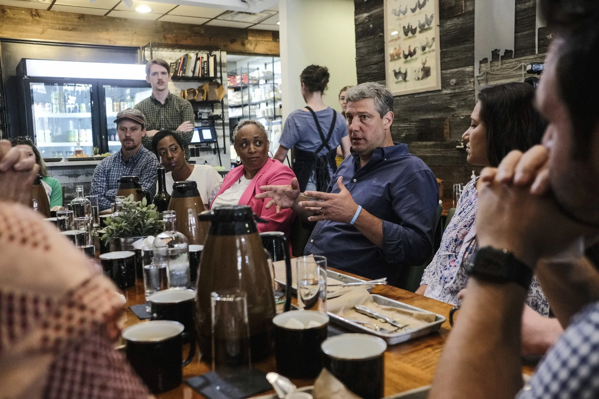 Tim Ryan speaks to local business owners at a campaign event in Toledo, Ohio, on July 8.
