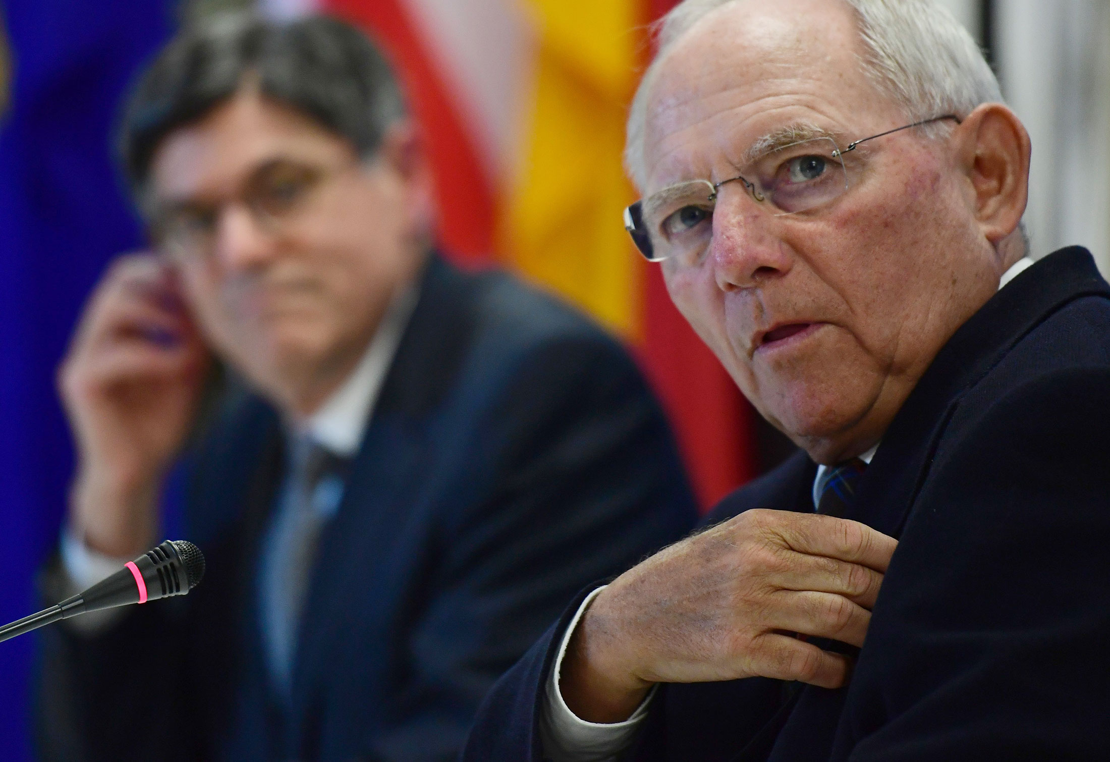 German Finance Minister Wolfgang Schaeuble and U.S. Treasury Secretary Jacob Lew give a joint news conference in Berlin, on July 14.
