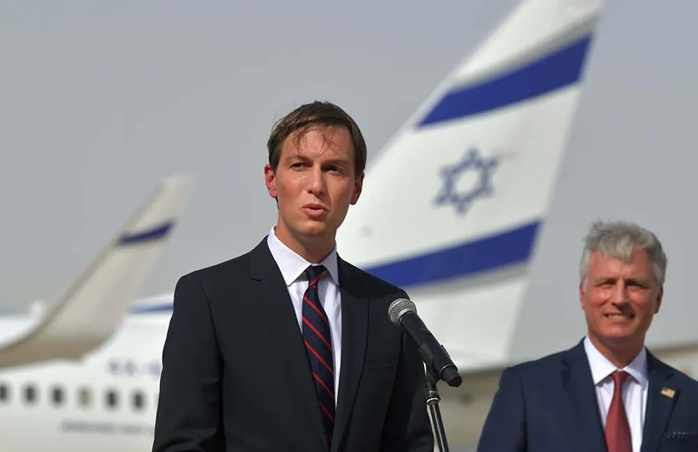 U.S. Presidential Adviser Jared Kushner speaks next to US National Security Adviser Robert O’Brien following the arrival of the the first-ever commercial flight from Israel to the UAE on Aug.&nbsp;31.