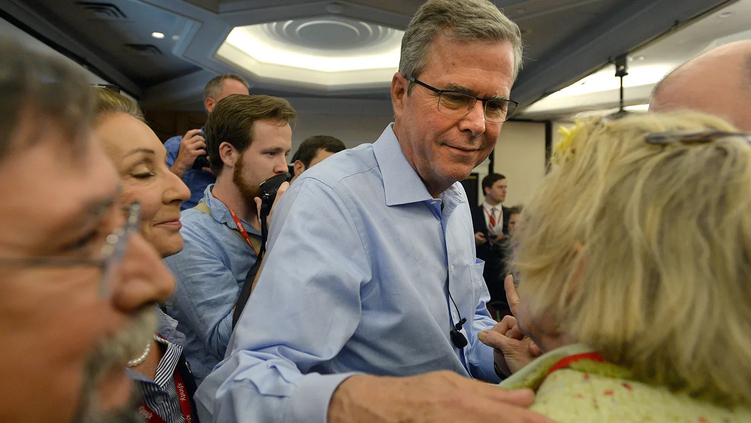 Former Florida Gov. Jeb Bush greets people after speaking at the First in the Nation Republican Leadership Summit April 17, 2015 in Nashua, New Hampshire.
