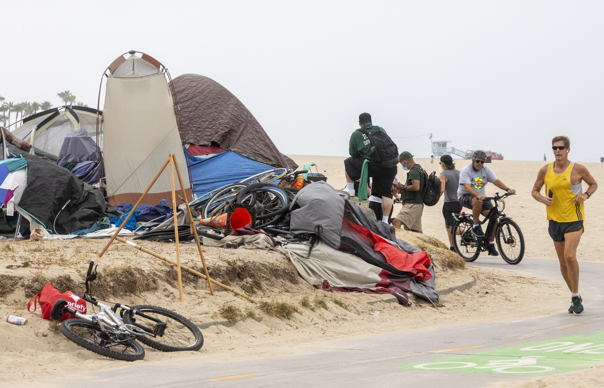 A homeless encampment on the Venice Beach boardwalk in Los Angeles, on July 2.