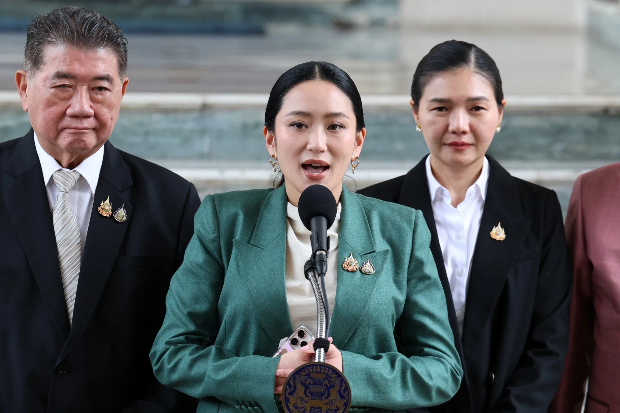 Paetongtarn Shinawatra speaks to the media in Bangkok on July 1.