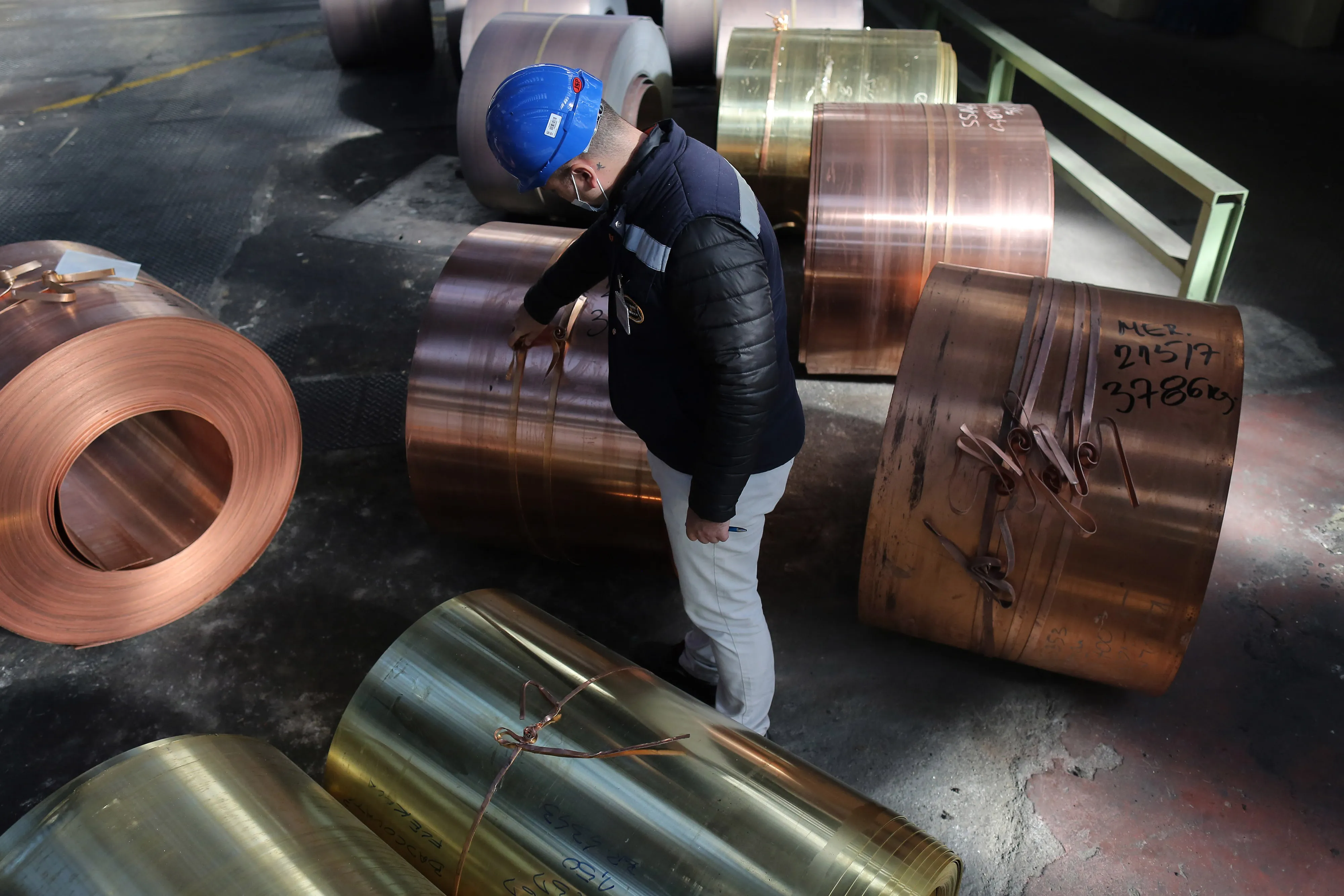 Bound sheets of copper at a mill in Sevojno, Serbia.