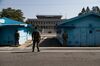 South Korean and U.S. soldiers stand guard next to the United Nations Command Military Armistice Commission (UNCMAC) conference buildings at the truce village of Panmunjom in the Demilitarized Zone (DMZ) in Paju, South Korea, on Wednesday, April 18, 2018. President Donald Trump told reporters Tuesday that the administration had “started talking to North Korea directly” and was discussing five potential sites for the unprecedented summit with North Korean leader Kim Jong Un.