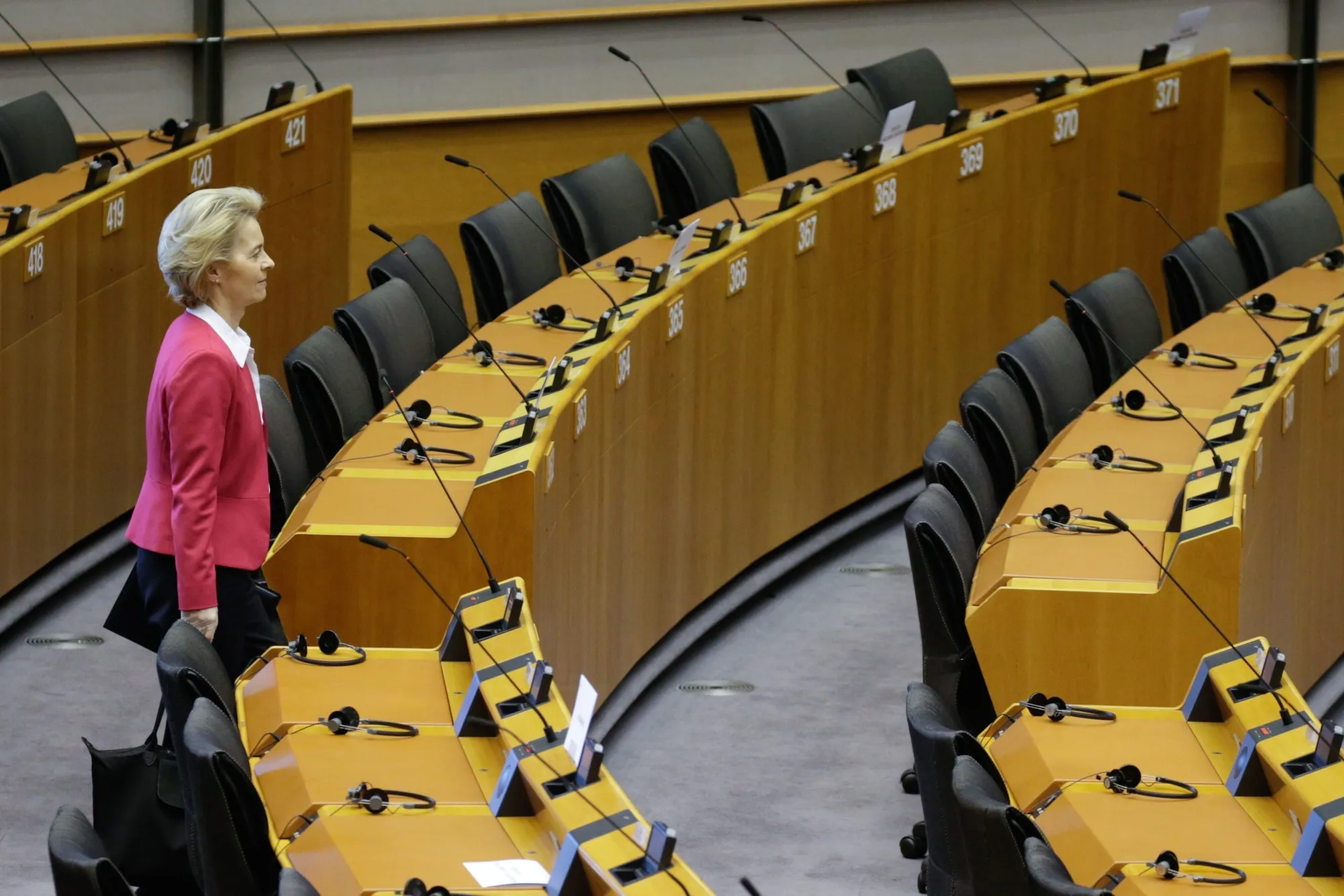 President of European Commission, Ursula Von der Leyen arrives prior a mini plenary session of European Parliament in Brussels, Belgium, on March 26, 2020.