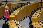 President of European Commission, Ursula Von der Leyen arrives prior a mini plenary session of European Parliament in Brussels, Belgium, on March 26, 2020.