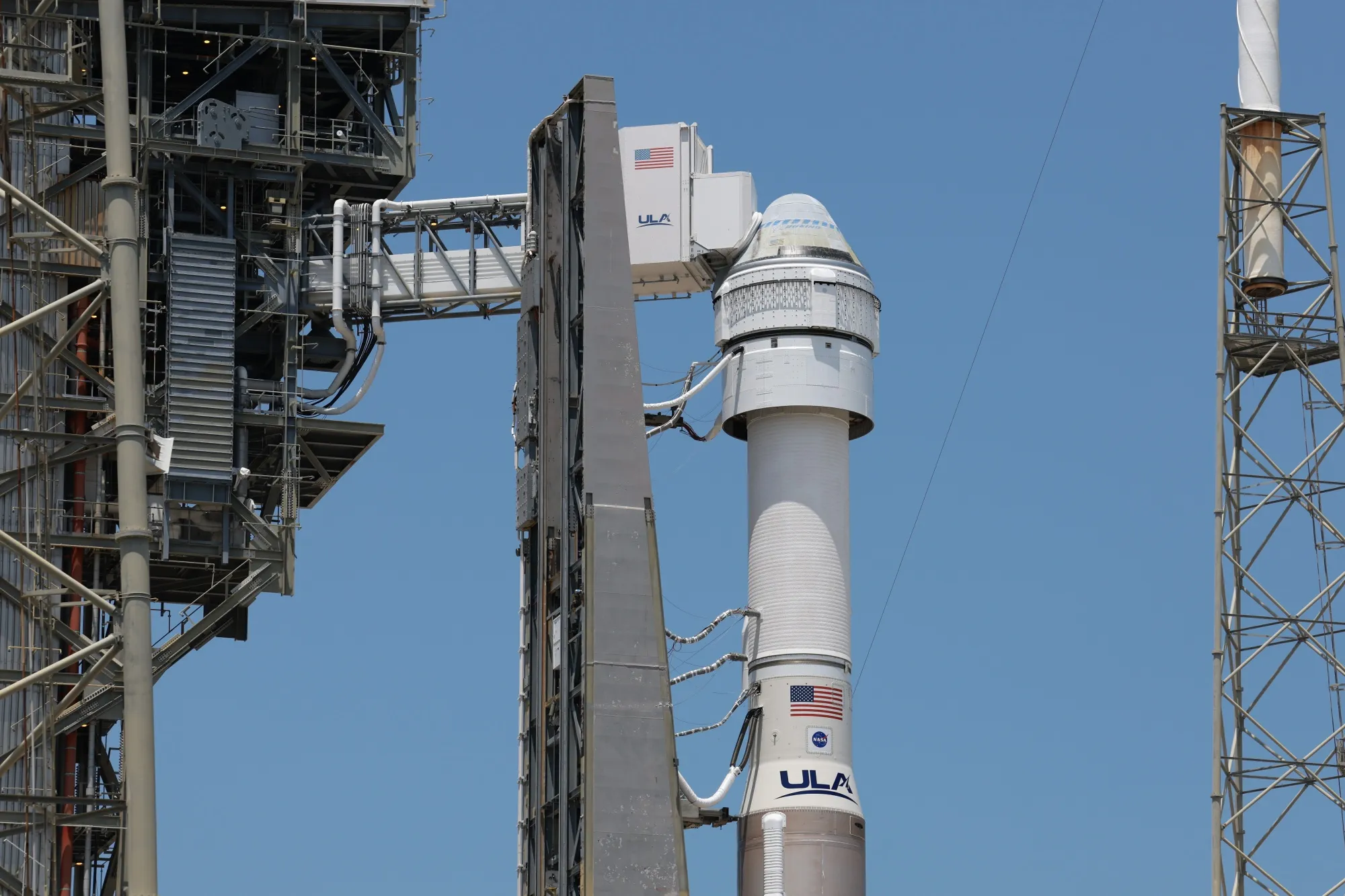 Boeing’s Starliner spacecraft sits atop a United Launch Alliance Atlas V rocket at Space Launch Complex 41 on May 7.