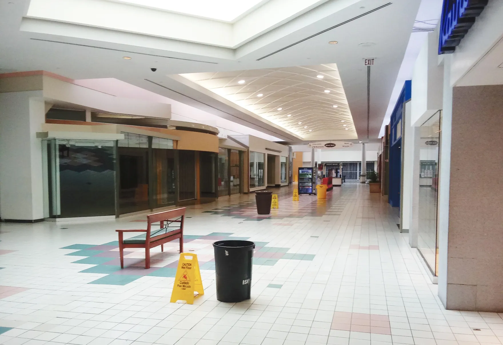 Trash cans placed in walkways to catch water in a nearly empty wing of Regency Square in 2019.