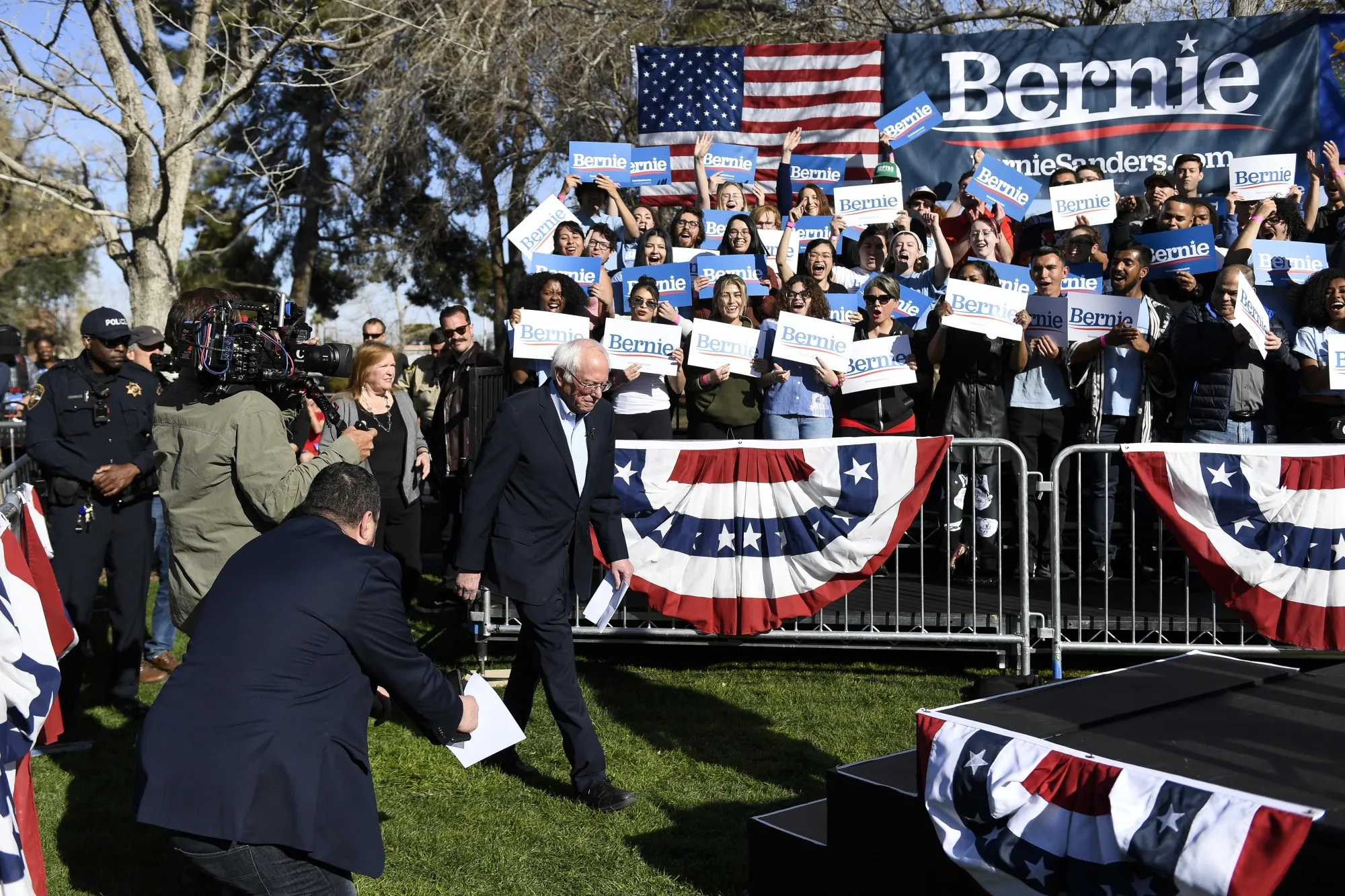 Bernie Sanders arrives at a rally at the University of Nevada, Las Vegas on Feb. 18.