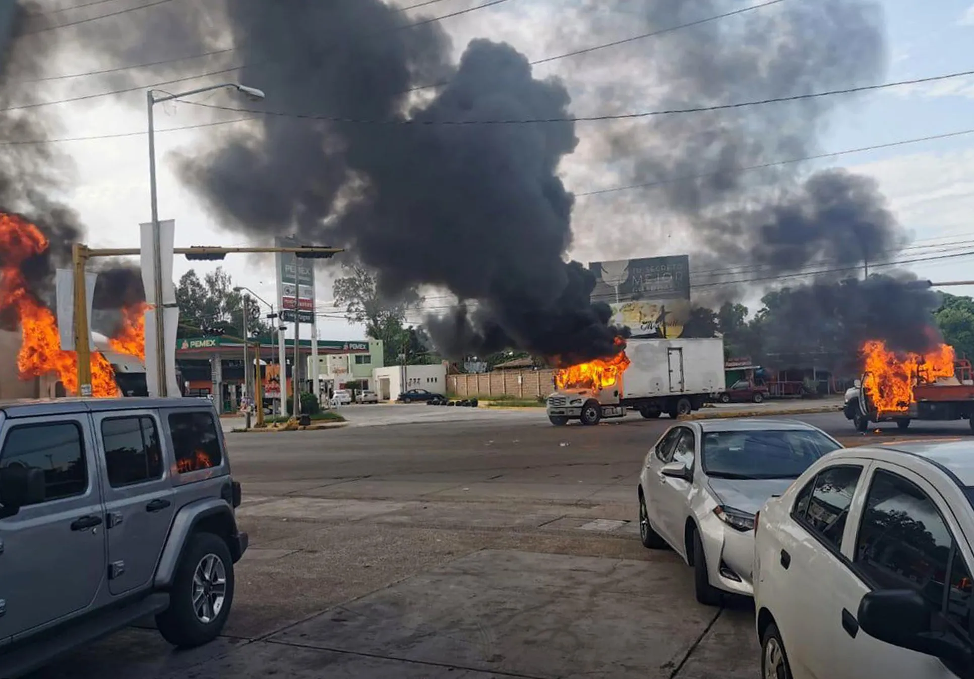 Vehicles on fire after the clash in the city of Culiacan, Sinaloa state, Mexico&nbsp;on Oct. 17.