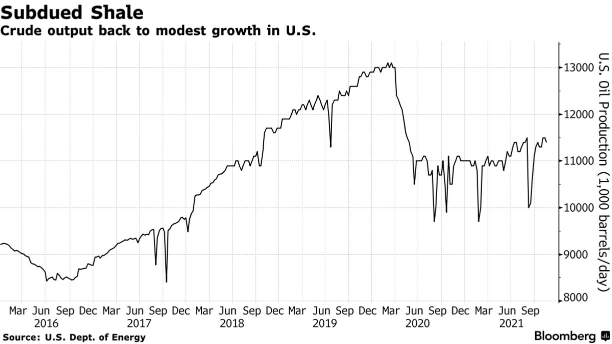 Crude output back to modest growth in U.S.