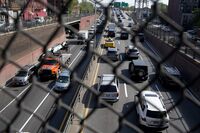 Traffic backs up along a busy section of the Cross Bronx Expressway in New York.