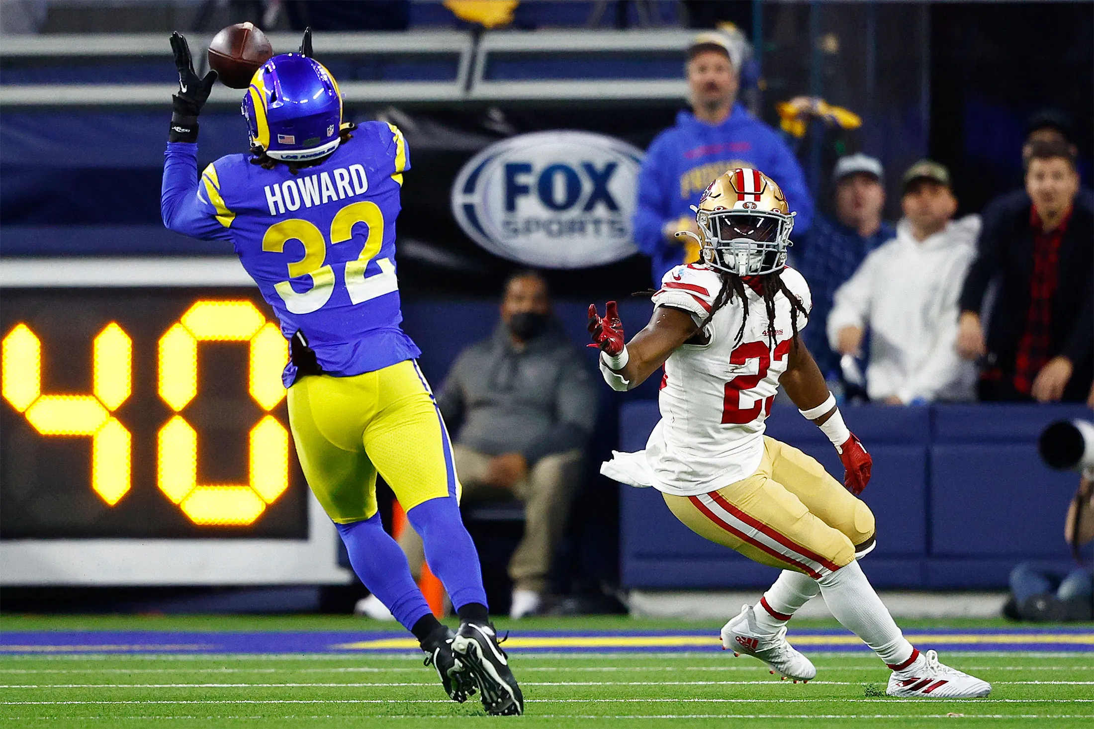 Travin Howard of the Los Angeles Rams intercepts a pass late in the fourth quarter of&nbsp;the NFC Championship Game&nbsp;in Inglewood, Calif, on&nbsp;Jan. 30.&nbsp;